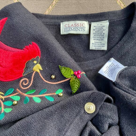 Classic Elements Sweater Cardigan Holiday Christmas Cardinal Black Red Multi (M) - Picture 5 of 7